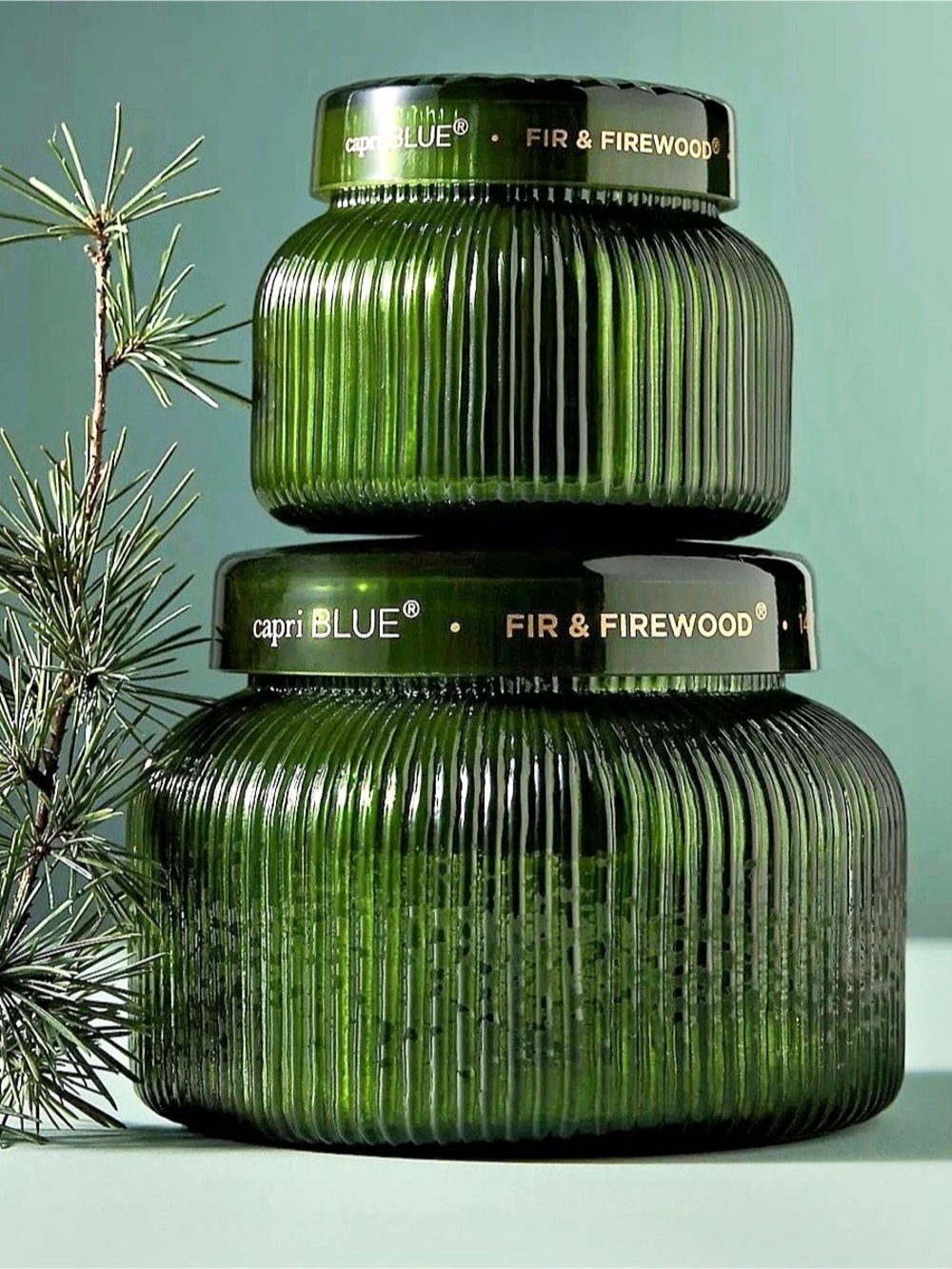 capri BLUE Fire & Firewood Ribbed Green Candle Jar Set NWT